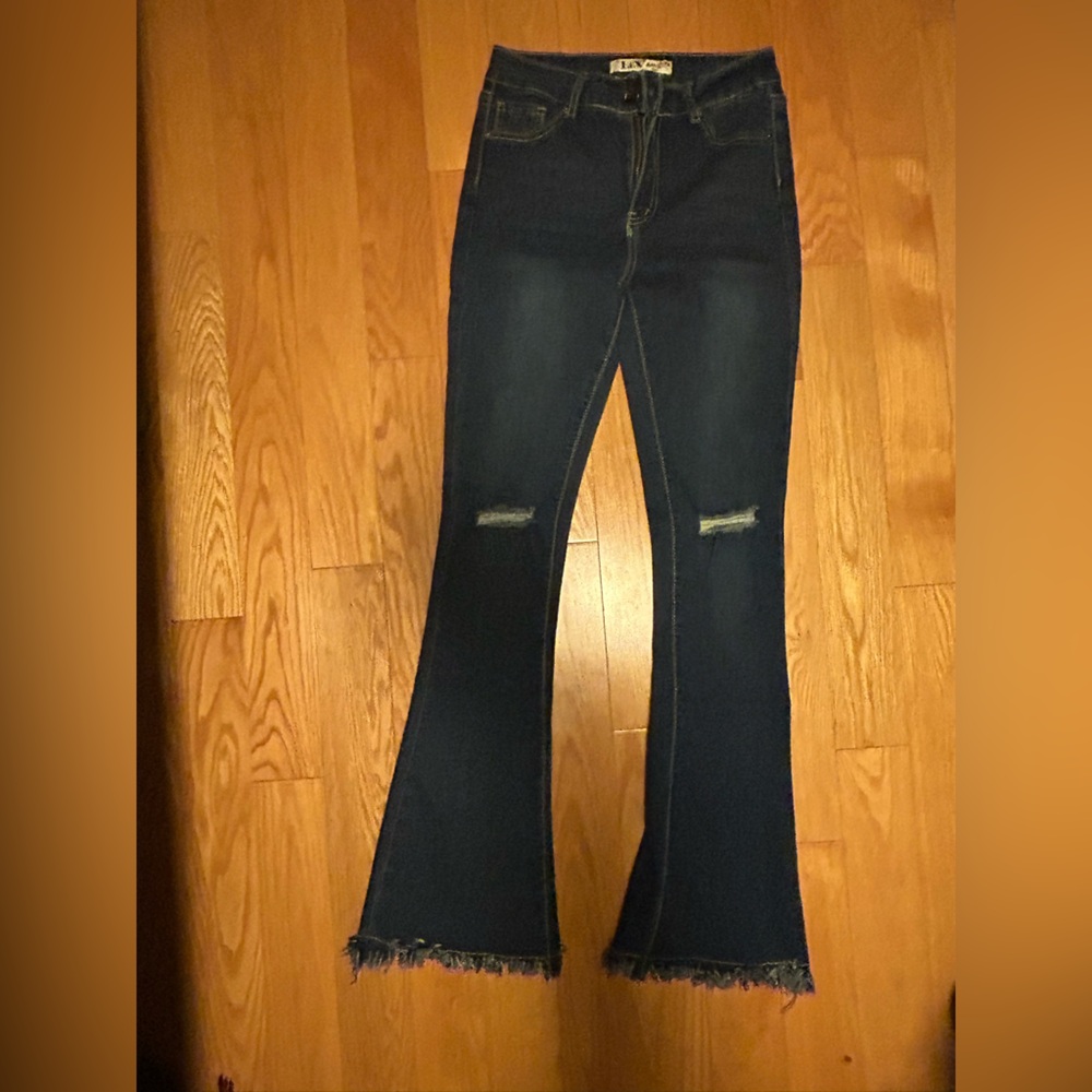 Size 3 LEV Dark Jean bell bottoms, holes in the knee and frayed bottoms!